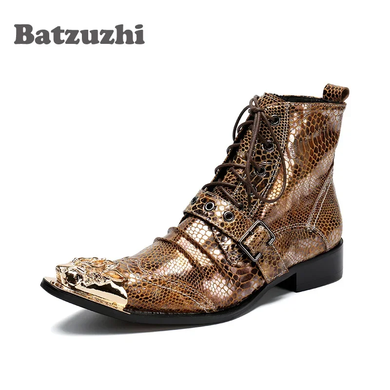 

Batzuzhi Western Punk Men Boots Ankle Golden Leather Short Boots Rock Winter Autumn Motorcycle Boots Men botas hombre,US6-12