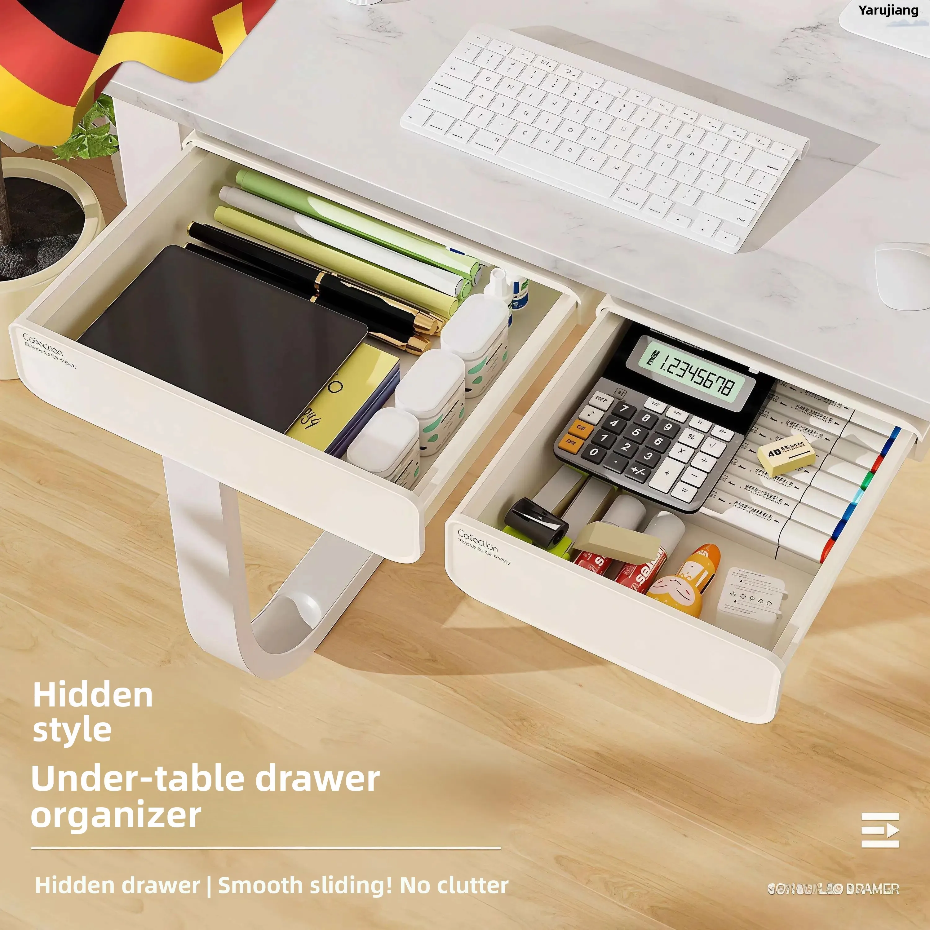 

Large Capacity Desktop Drawer Style Storage Box Invisible Office Desk underneath Organizer Tool Nordic Style PE Coated Plastic
