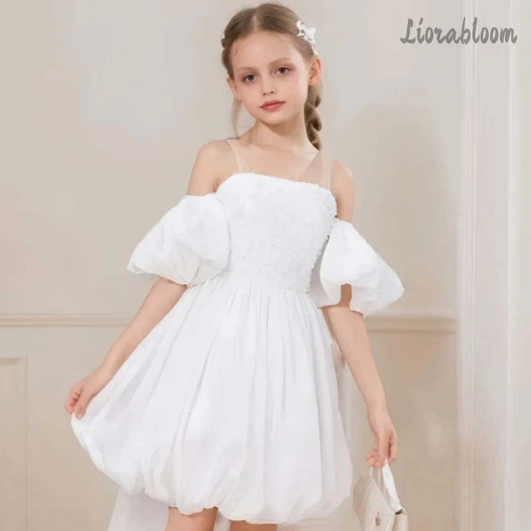 Abito da Cerimonia Squisito per Ragazze con Spalle Scoperte, Vestito Personalizzato con Maniche a Sbuffo, Abito Semplice da Damigella, Abito Formale da Sposa