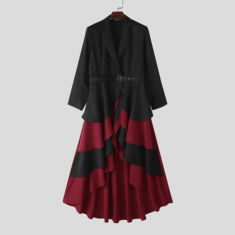 INCERUN Men Long Style Blazer Patchwork Lapel Long Sleeve Ruffle Male Suit Streetwear Blazer Dress Personality Thin Coats Men