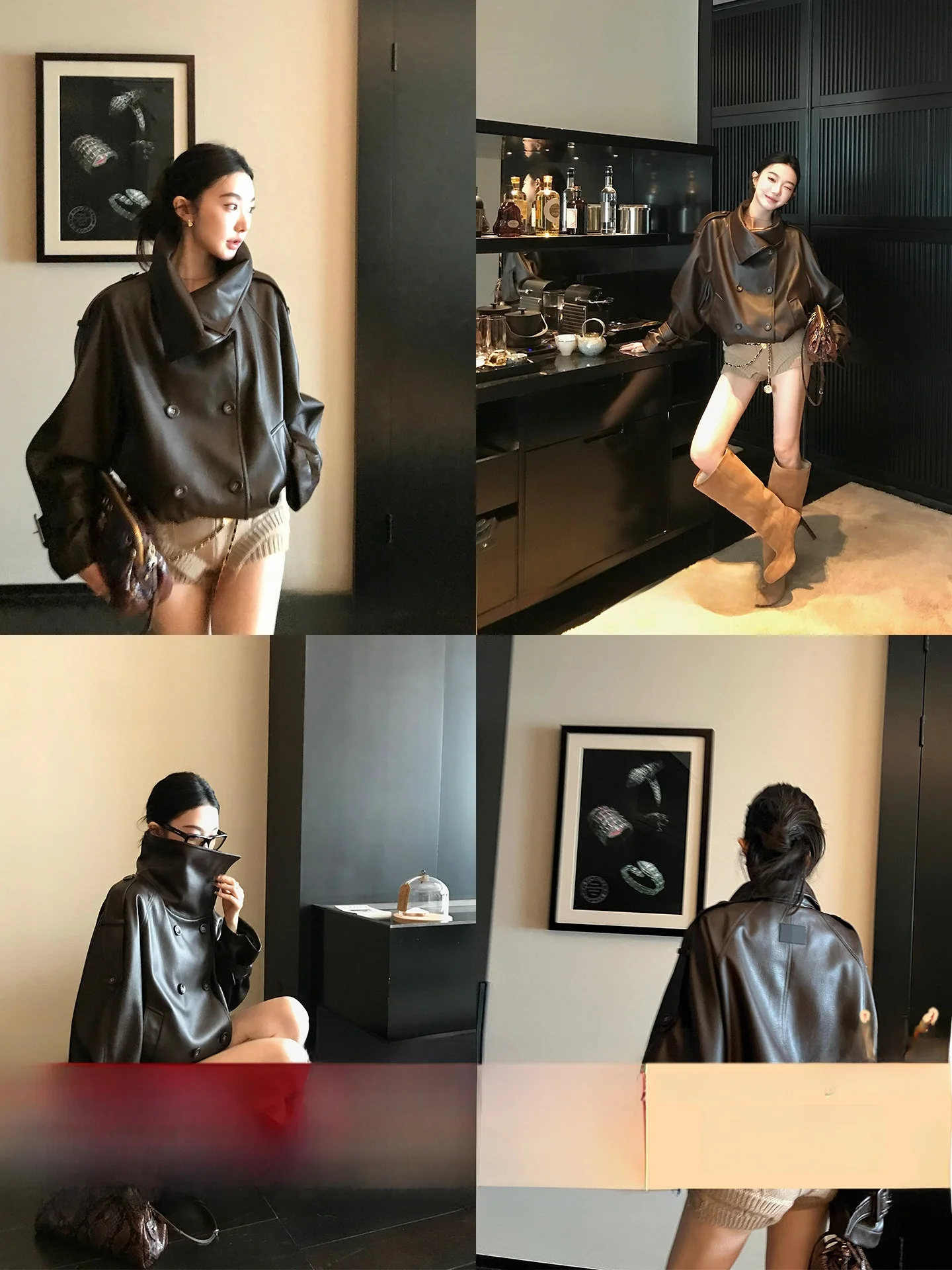 

Ouyang Large Collar Lychee Pattern PU Leather Jaet Women's Winter High-End Double Row Button Retro Leather Jaet