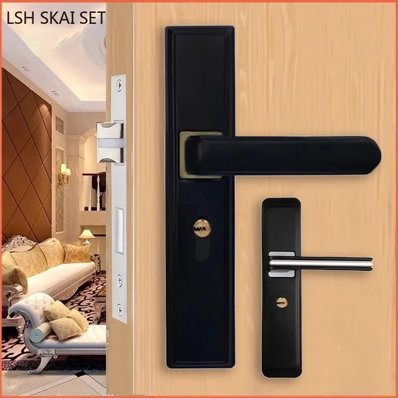 

Modern Black Bedroom Door Lock Aluminum Alloy Door Handle Lockset Bathroom Silent Security Lock Household Hardware with The Key