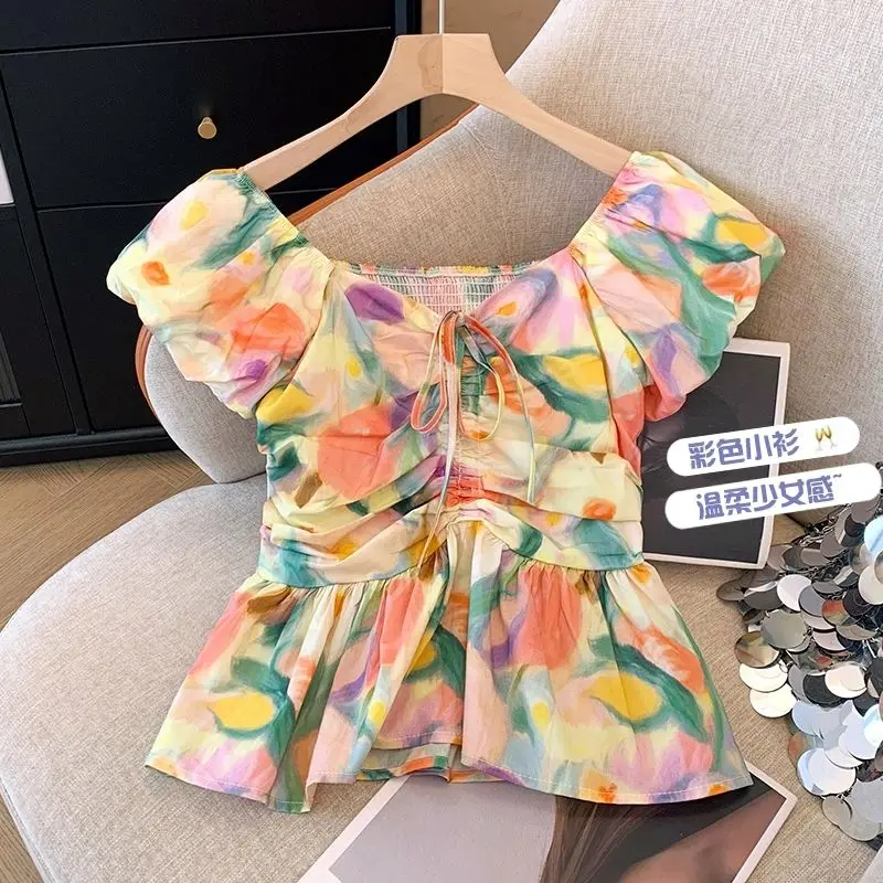 

Women's French Style Puff Sleeve Blouse Oil Painting Print Square Neck Tie Waist Casual Summer Top