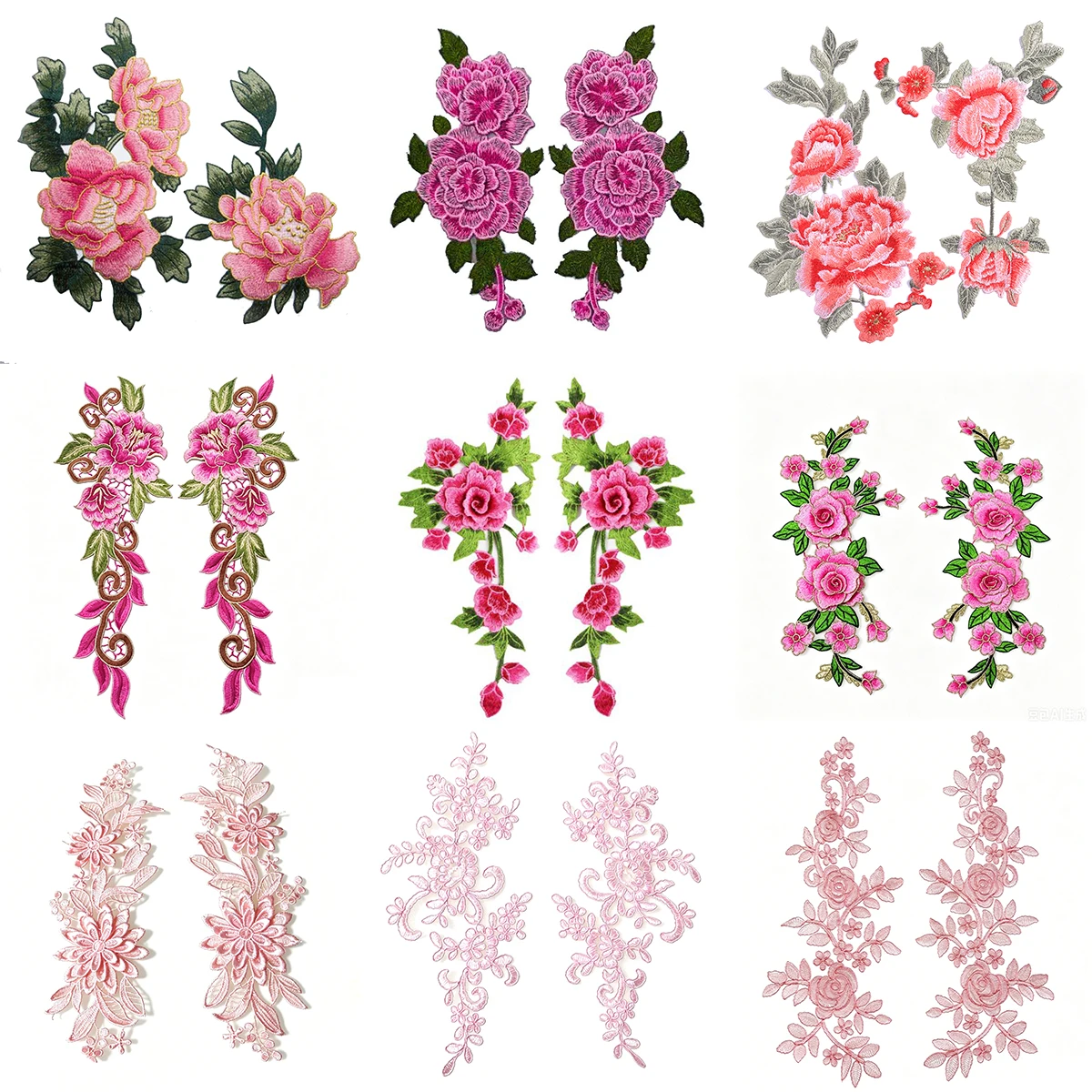 1 Paar rosa Vintage-Blumen-Stickerei-Applikationen, Spitzen-Blumenapplikationen für Brautkleider, Kleidung, DIY-Bastelarbeiten
