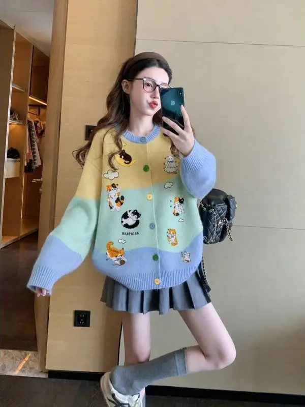 Thickened Oversized Knitted  Embroidery Sweater Coat Lazy Contrast Color Stitching College Style Women's plus Size Outerwear