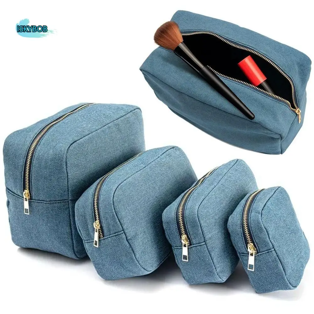 

4 Sizes Blue Denim Cosmetic Pouch with Zipper Vintage Jean Toiletry Case Solid Color Stationery Organizer Travel Storage Bag