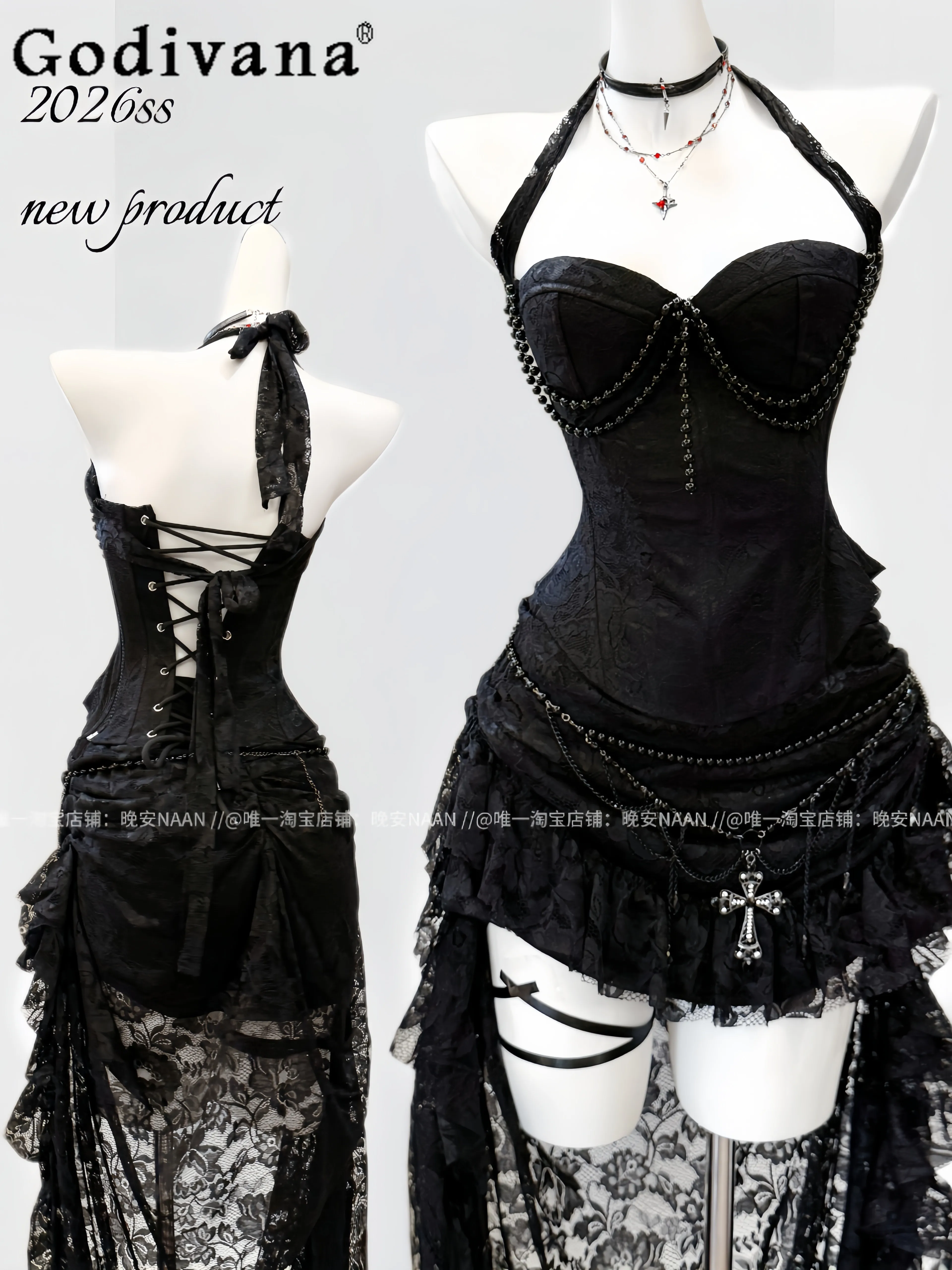 

Original Gothic Dark Lace Splice Top and Skirt 2-piece Spring Summer New Women's Clothes Sweet Cool Fashion Female Matching Sets