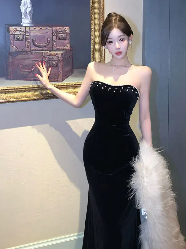 

Ele Velvet Wrap Dr Slim Fit Long Skirt High Waist Diamond Embellied Busin Casual Ci Commute Date Everyday Wear