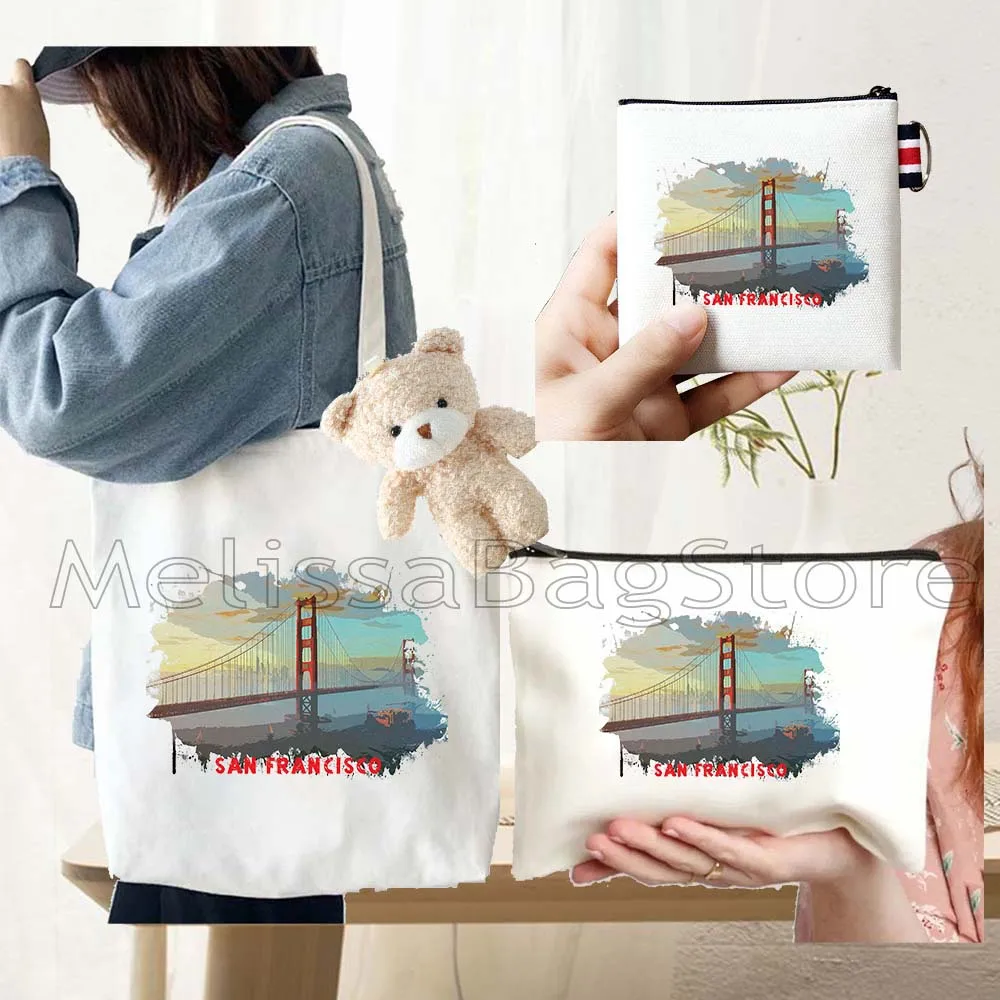 4PCS Gifts Set San Francisco White Canvas Tote Bag Handbag with Doll Key Coin Purse Cosmetic Makeup Toilet Bag Case Pouch