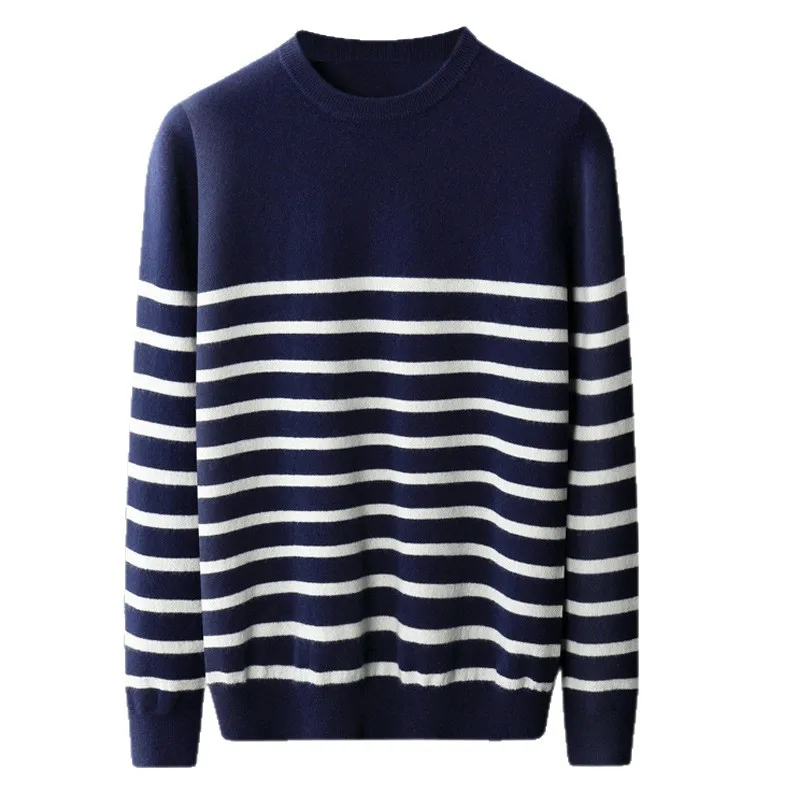 خريف شتاء جديد الرجال سترة صوف البحرية نمط أعلى مخطط جولة الرقبة البلوز طويلة الأكمام الصوف تريكو