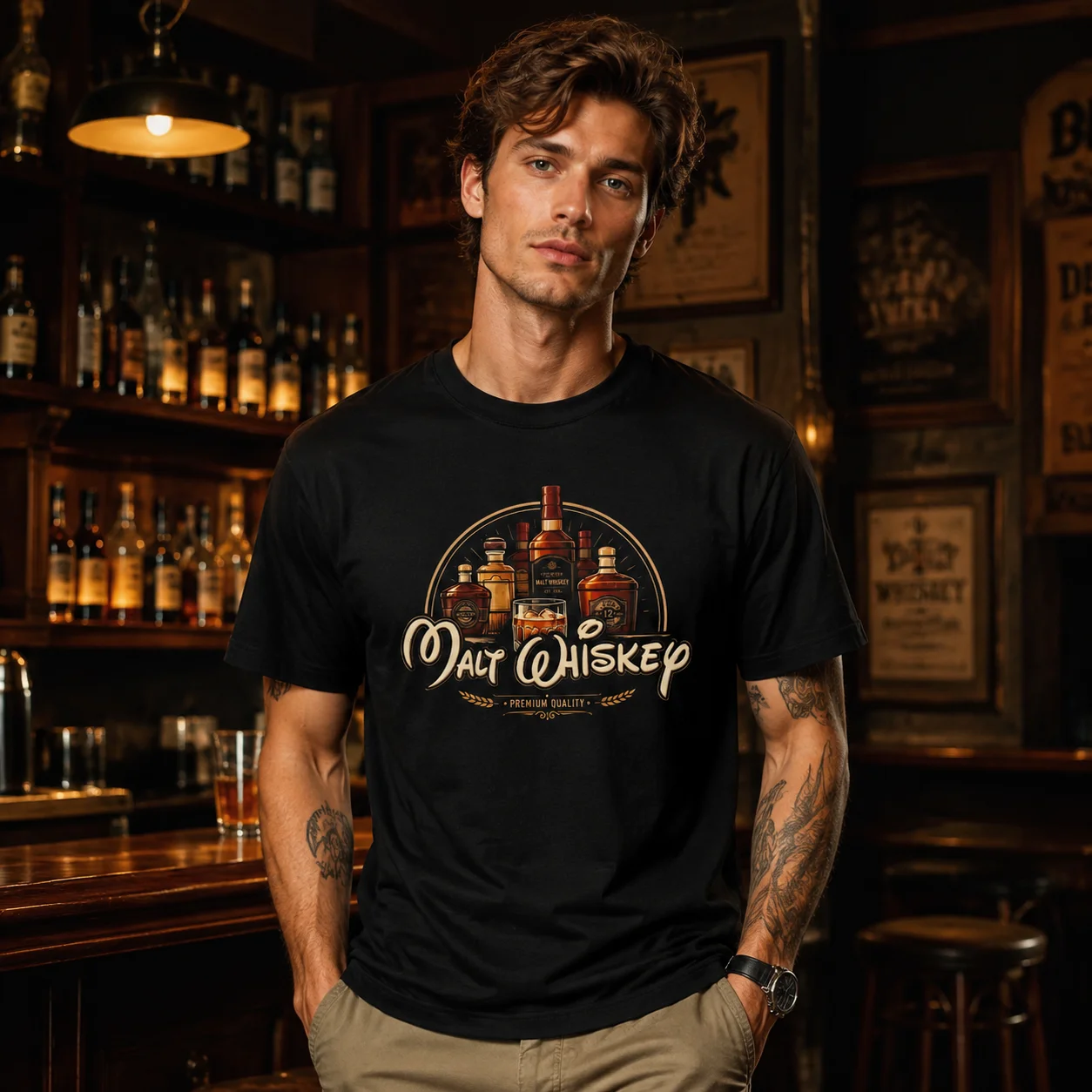 Unisex summer pure cotton T-shirt featuring a fun malt whisky print, crew neck, and short sleeves.