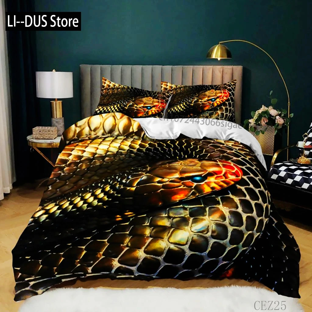 

3D Snake Duvet Cover Set King Size Horror Serpent Wild Animal Theme Bedding Set Polyester Scary Wildlife Style Comforter Cover