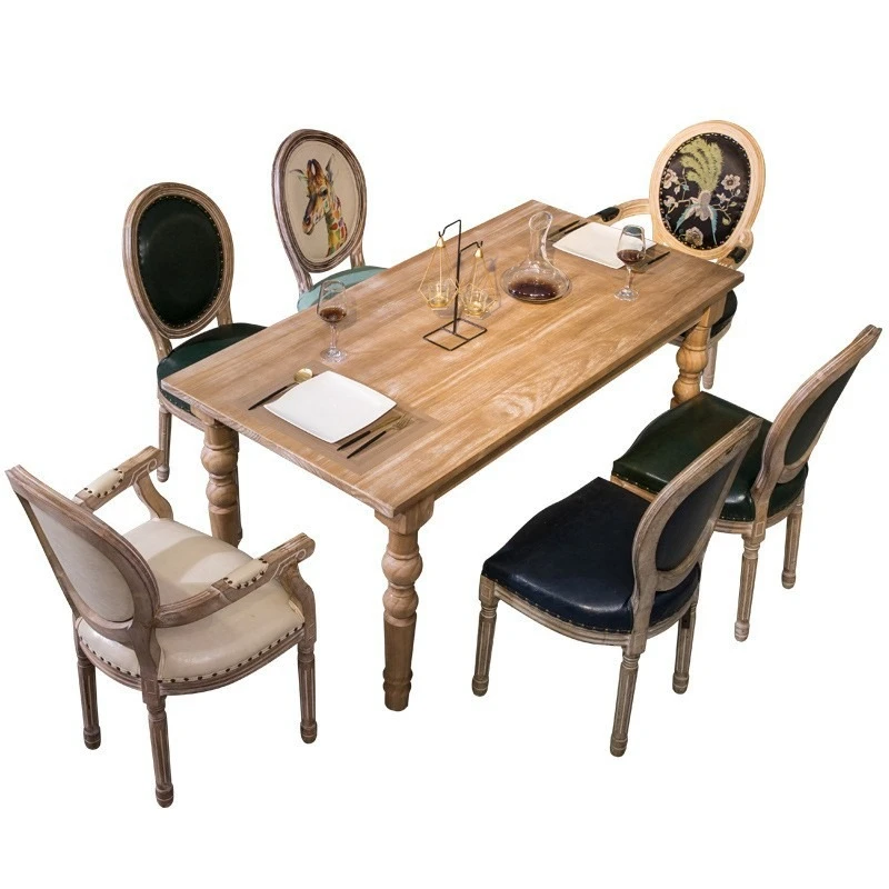 

European American dining table combination solid wood table retro old brushed pine French restaurant simple rectangular table