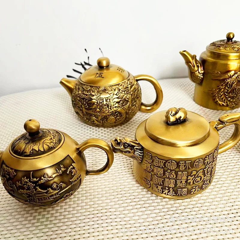 Brass Relief Wind Handheld Phoenix Five Dragons Hundred Blessings Dragon Head Teapot Household Landscape Te