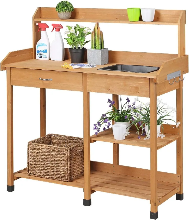 

Potting Bench, Outdoor Garden Work Bench Station, Planting Solid Wood Construction for Horticulture w/Sink Drawer Rack Shelves