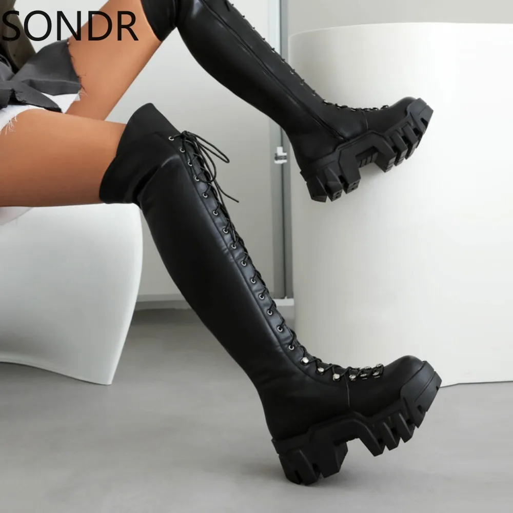 

Womens Over The Knee Boots Platform Lace Up Chunky High Heel Warm Winter Knight Riding Shoes Plus Size New 2024