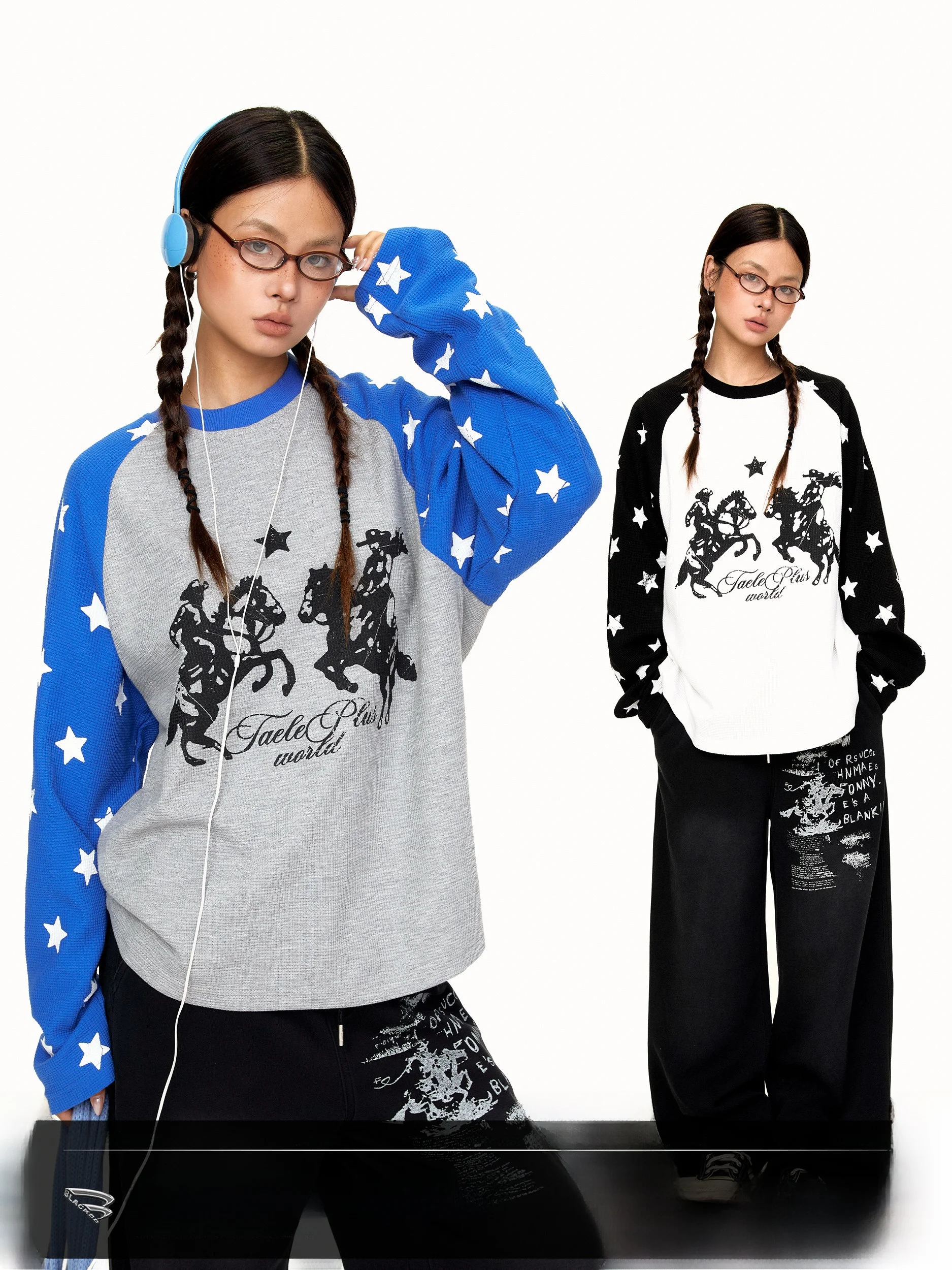 Vintage Star Print Waffle Long Sleeve T-Shirt Women Autumn Color Block Shoulder Insertion  Printing Casual Top