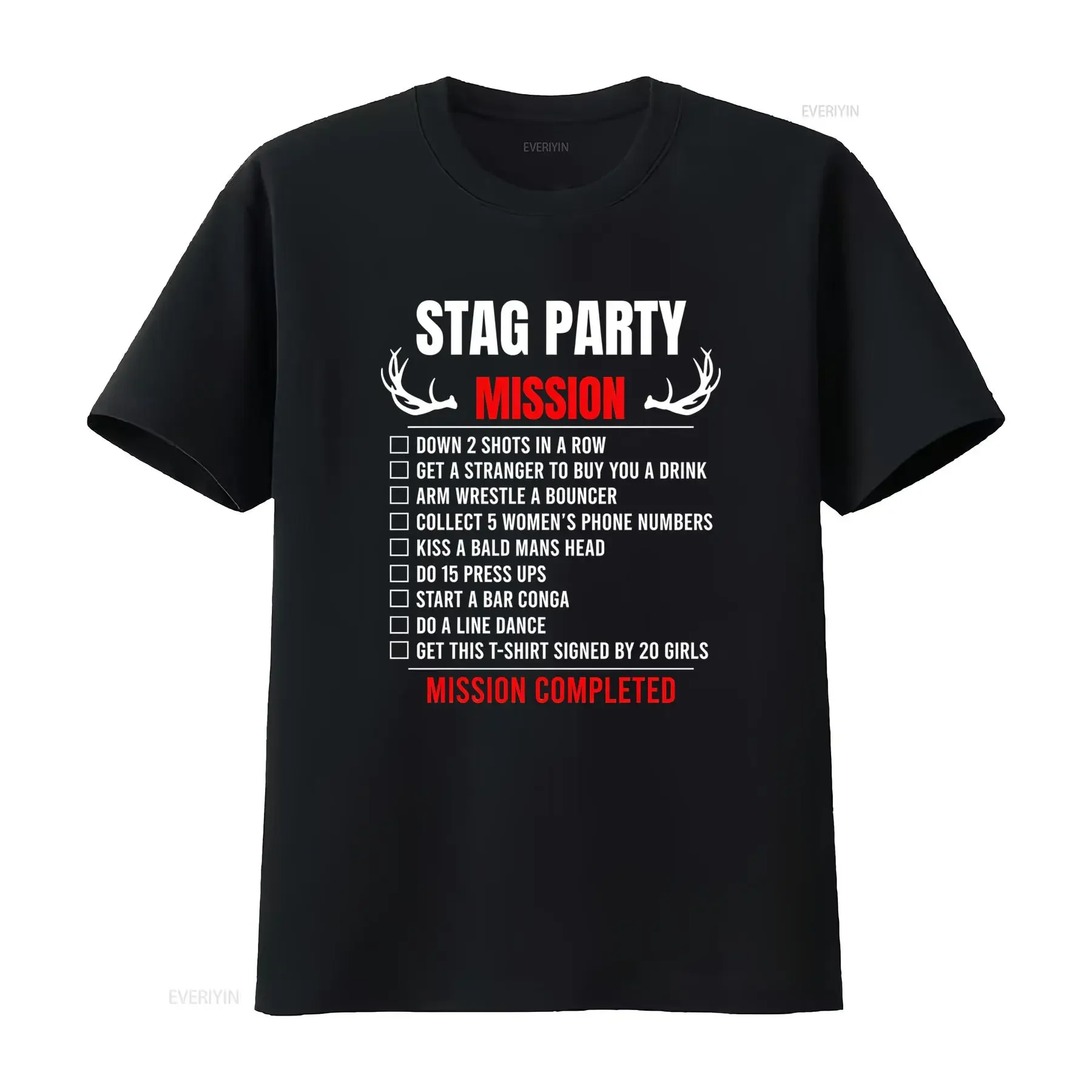 Men's Stag Party T Shirt with Drinking Game Dare Challenges Funny Bachelorette Checklist for Bachelor Nights Group Events