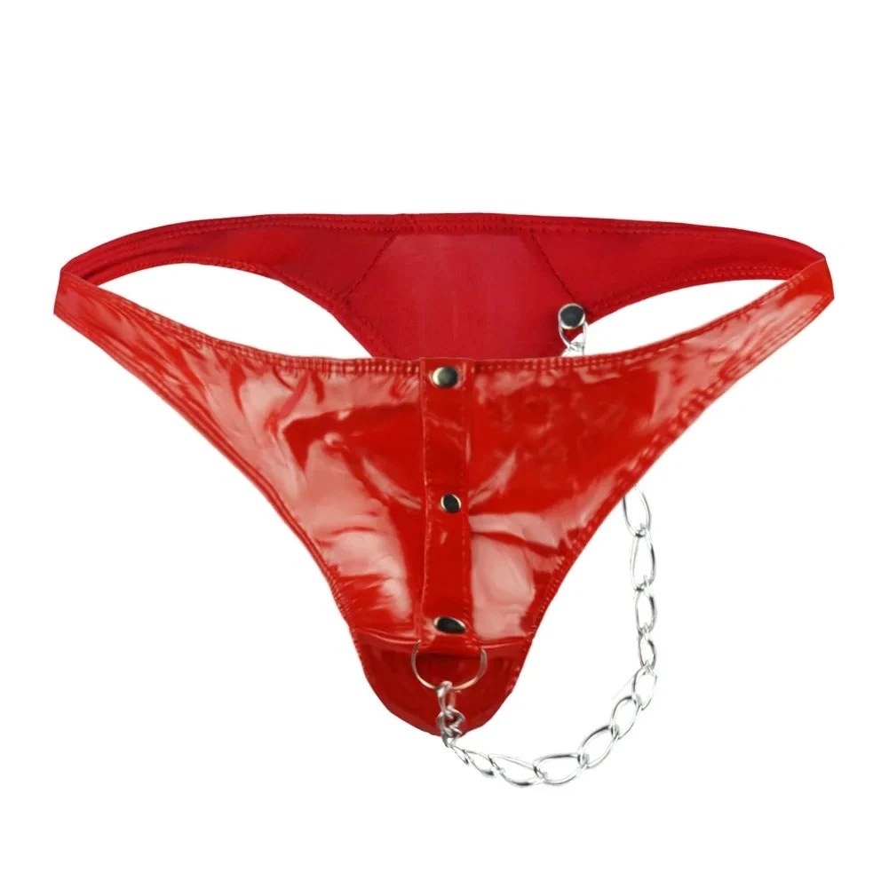Men Erotic T Back Thong Gays Wet Look Shiny PVC Leather Chained G-string Clubwear Fetish Pants Homme Porn Open Buttock Underwear