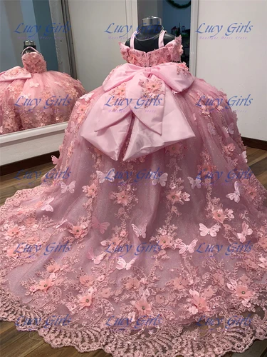 Imagen 1 del producto Vestido de niña de flores de calidad lujosa, tul esponjoso con exquisito aplique rosa para niños, vestidos de baile de noche para fiesta de boda y cumpleaños