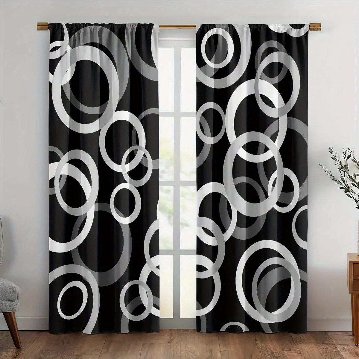 Black White Gradient Ring Curtains 2 Panels,Overlap Grey Circle Geometric Minimalist Black Background for Modern Bedroom Curtain