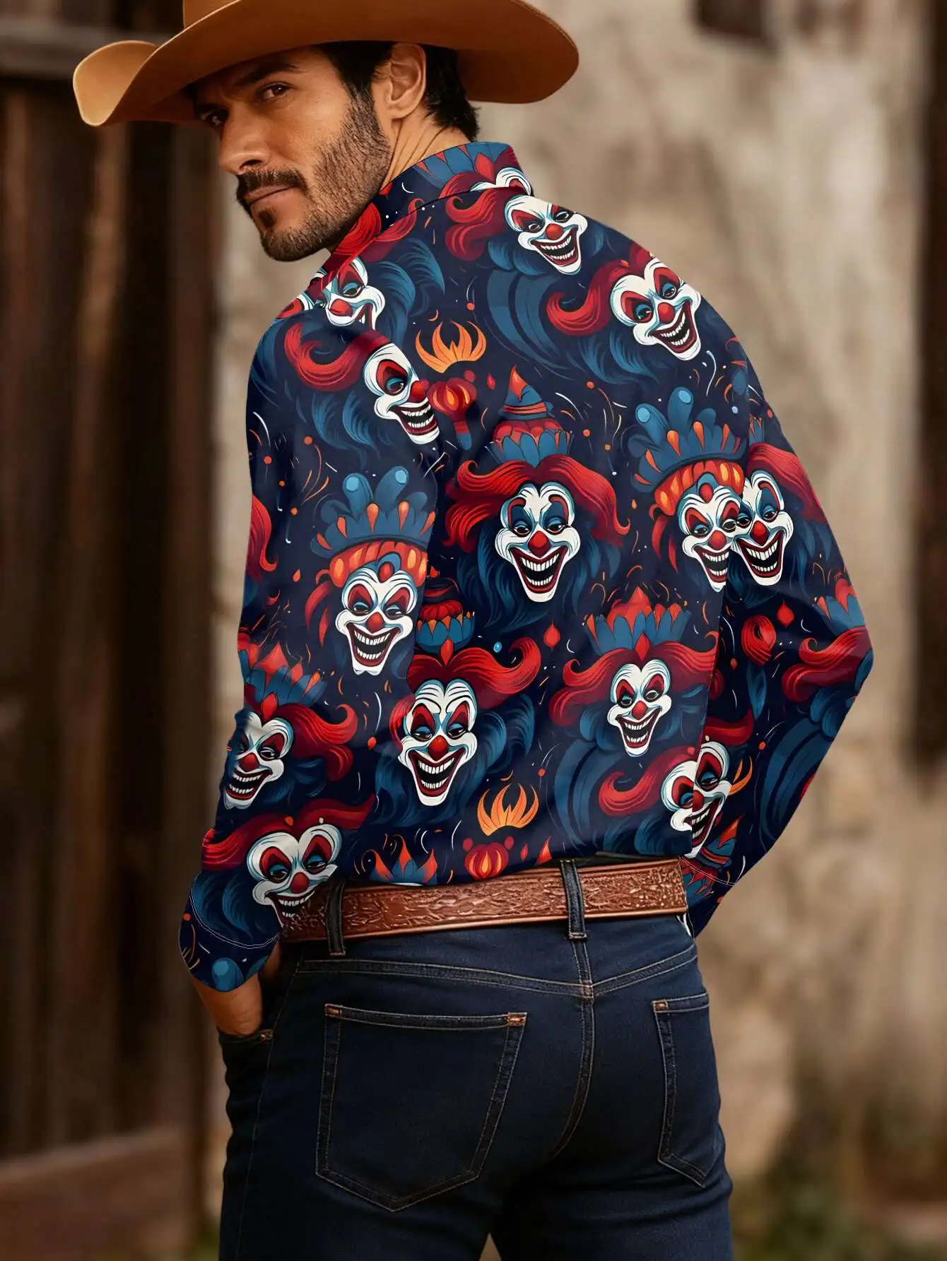 Men Long Sleeve Button Down Shirt Dark Blue Halloween Horror Clown Print Polyester Lapel Collar Party