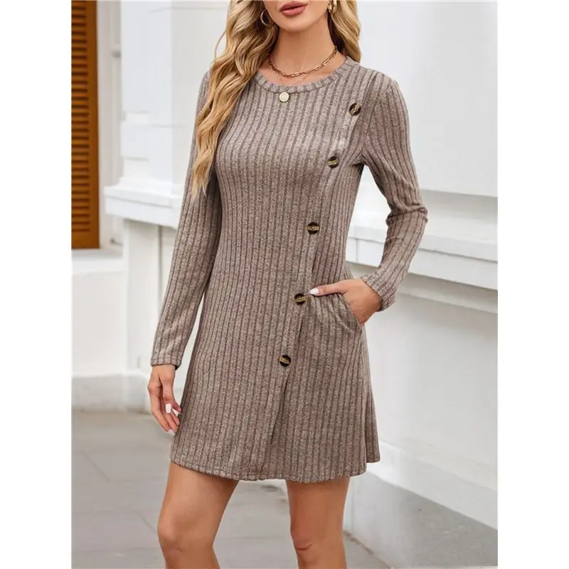 L81A 2025-فستان طويل الأكمام للنساء فساتين سترة تونك مع جيوب أزرار الموضة الجانبية