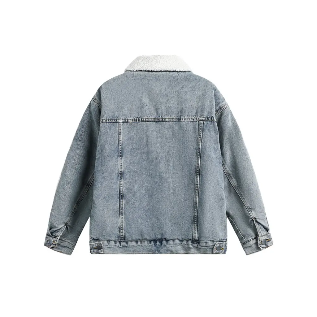 

Men's Women's Fashionable Retro Washed Distressed Cashmere Lapel Denim Jacket Winter Thickened Cotton Outwear
