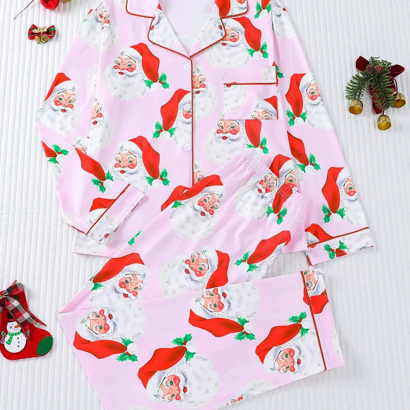 

Sweet girl style Christmas printed pajamas, ladies' lapel cardigan, elastic waisted pants, home two-piece set