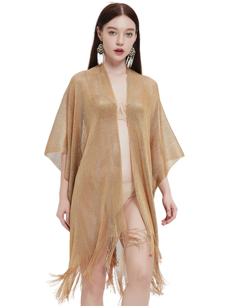 New Knitted Summer Elegant Women Scarf Sparkly Bright Silk Bikini Cover Up Poncho Capa Para Mujer Scarve Sarong Beach Wrap Shawl