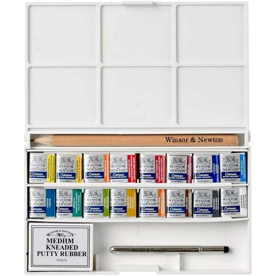 

Complete Pocket Set of Cotman Watercolor Paints with 16 Half Pans Includes Brush Eraser and Mixing Palette for OntheGo Artistic