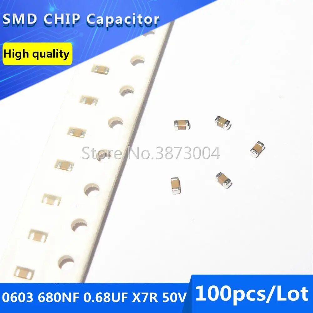 100pcs 0603 680NF 0.68UF X7R 50V 10% SMD Chip Capacitor