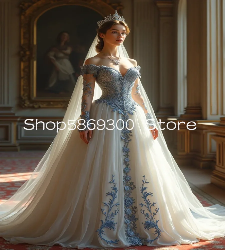 Victorian Gothic Wedding Dresses Long Sleeve Tulle Whimsical Bride Dress Off Shoulder Bohemian Country Bridal Gown Customsized
