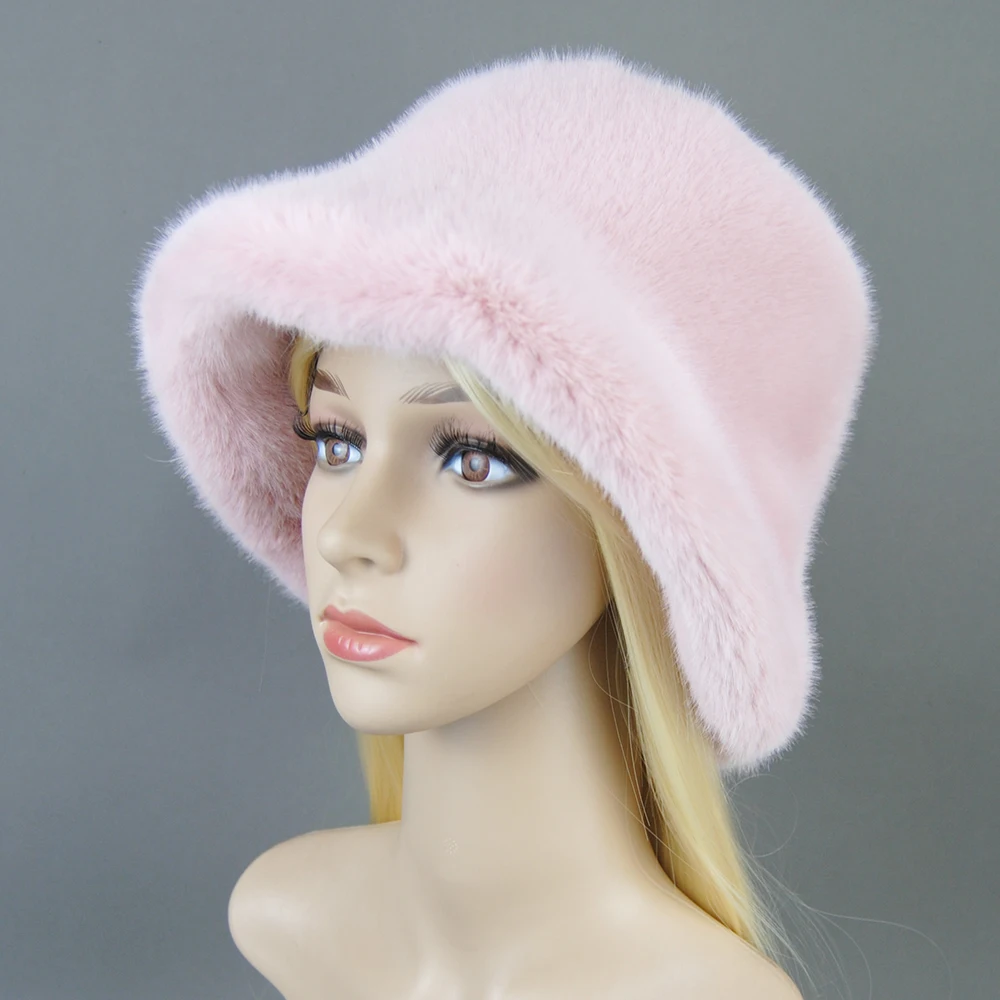 2023 Winter Women's Bucket Hat Oversized Fluffy Wide Brim Soft Thickened Faux Fur Plush Fashion Elegant Thermal Fisherman Cap