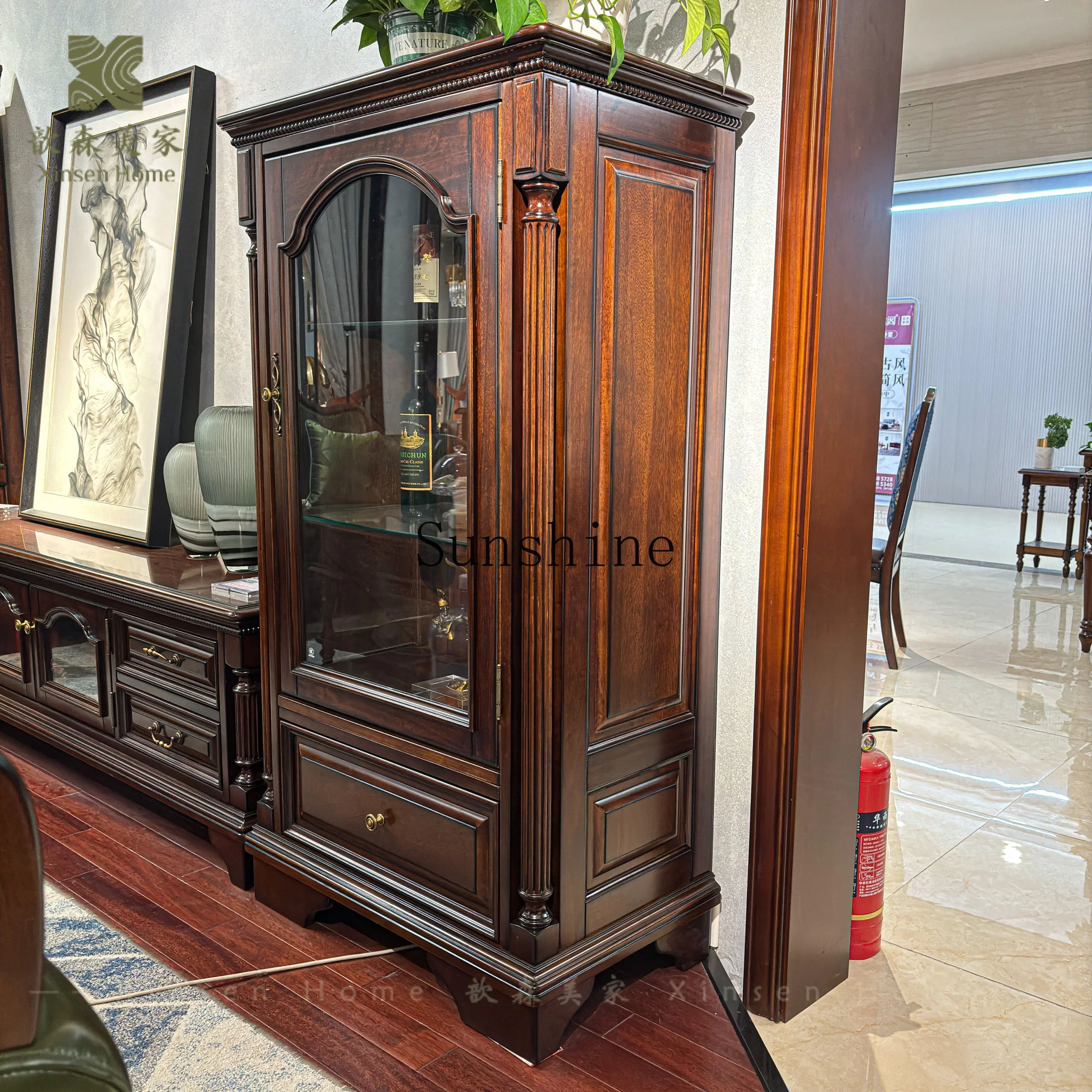 American solid wood wine cabinet glass door display TV side storage simple and modernYY