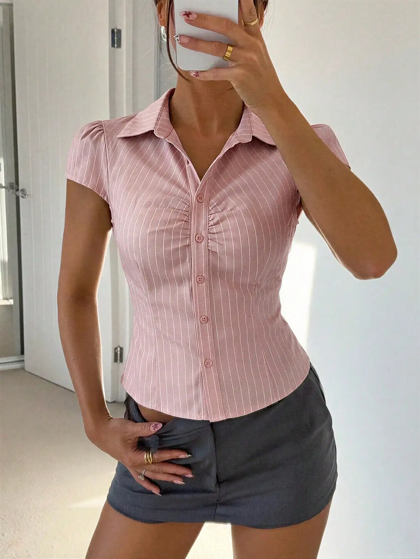 

Pink Striped Button-Front Fitted Blouse For Women Summer Casual Office Top