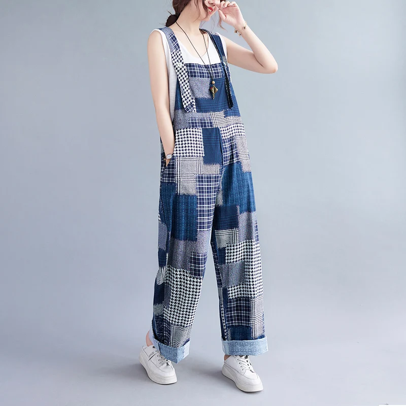 Celana Panjang Wanita Ukuran Besar Model Patchwork Kotak-kotak Kasual dari Katun Linen dengan Potongan Lebar dan Desain Menutupi Pinggul