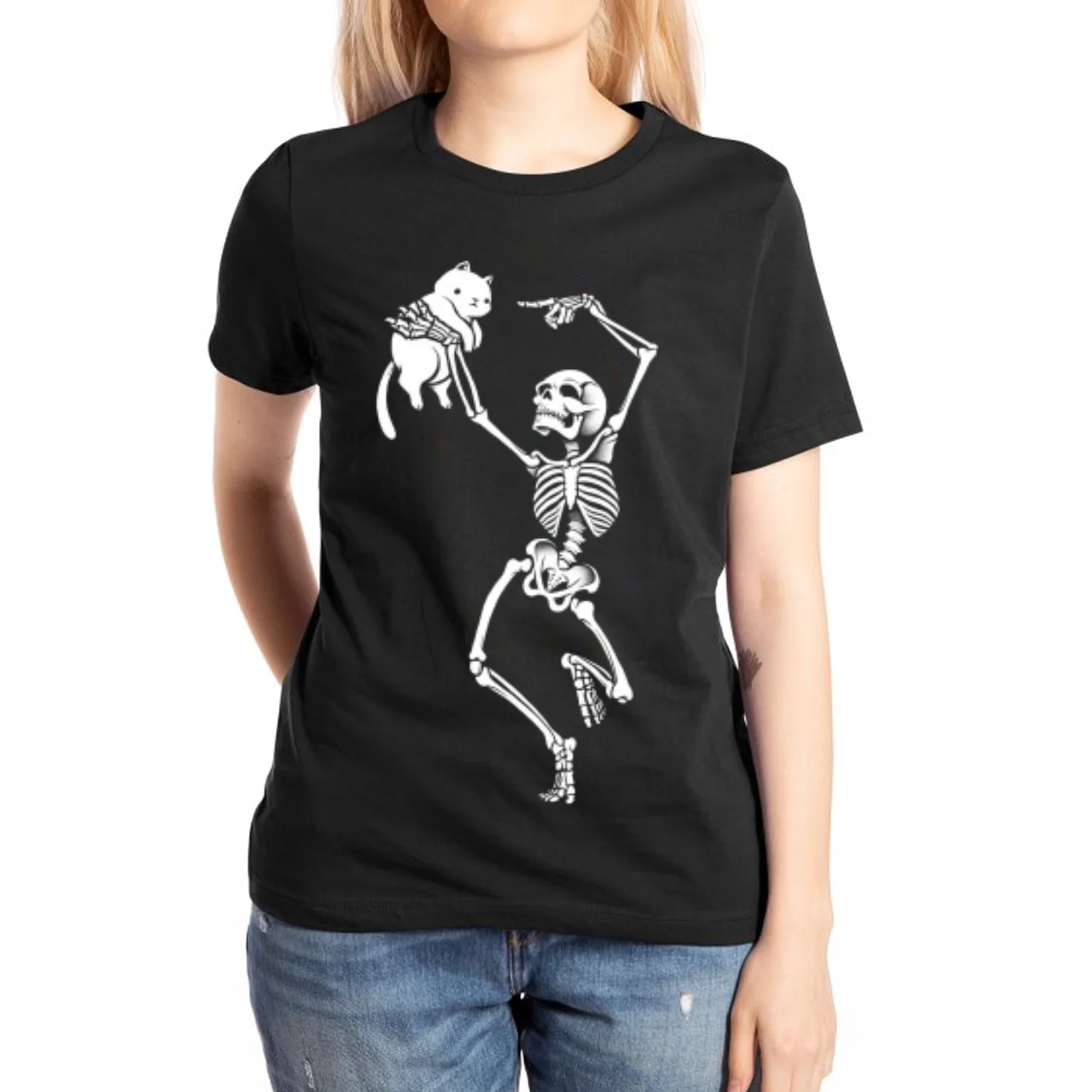 Camiseta 100% de algodón con estampado de calavera para mujer, ropa de trabajo de manga corta elástica de gran tamaño, Top suave y cómodo, color negro