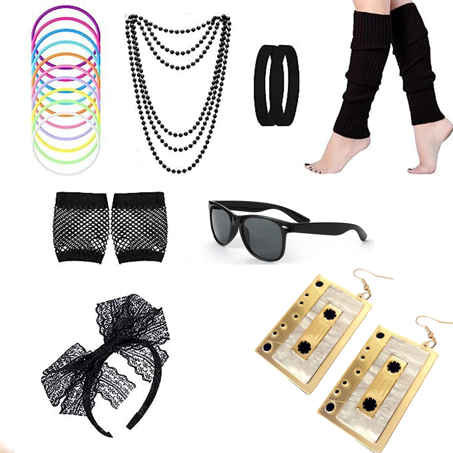 

PESENAR women's clothing, 1980s headwear, glasses, earrings, bracelets, necklaces, gloves, knee pads, festival outfits
