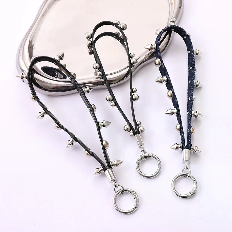 New Rivet Leather Rope Keychain Goth Creative Personality Punk Phone Case Hanging Rope Keychain Gift Trendy Charm Accessories