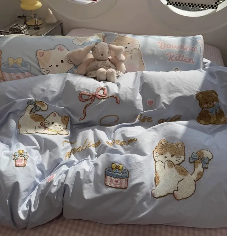 Cute embroidery cat blue pink bed set 1.2 1.5 1.8 2.0,twin full queen king cotton home textile bed sheet pillow case quilt cover