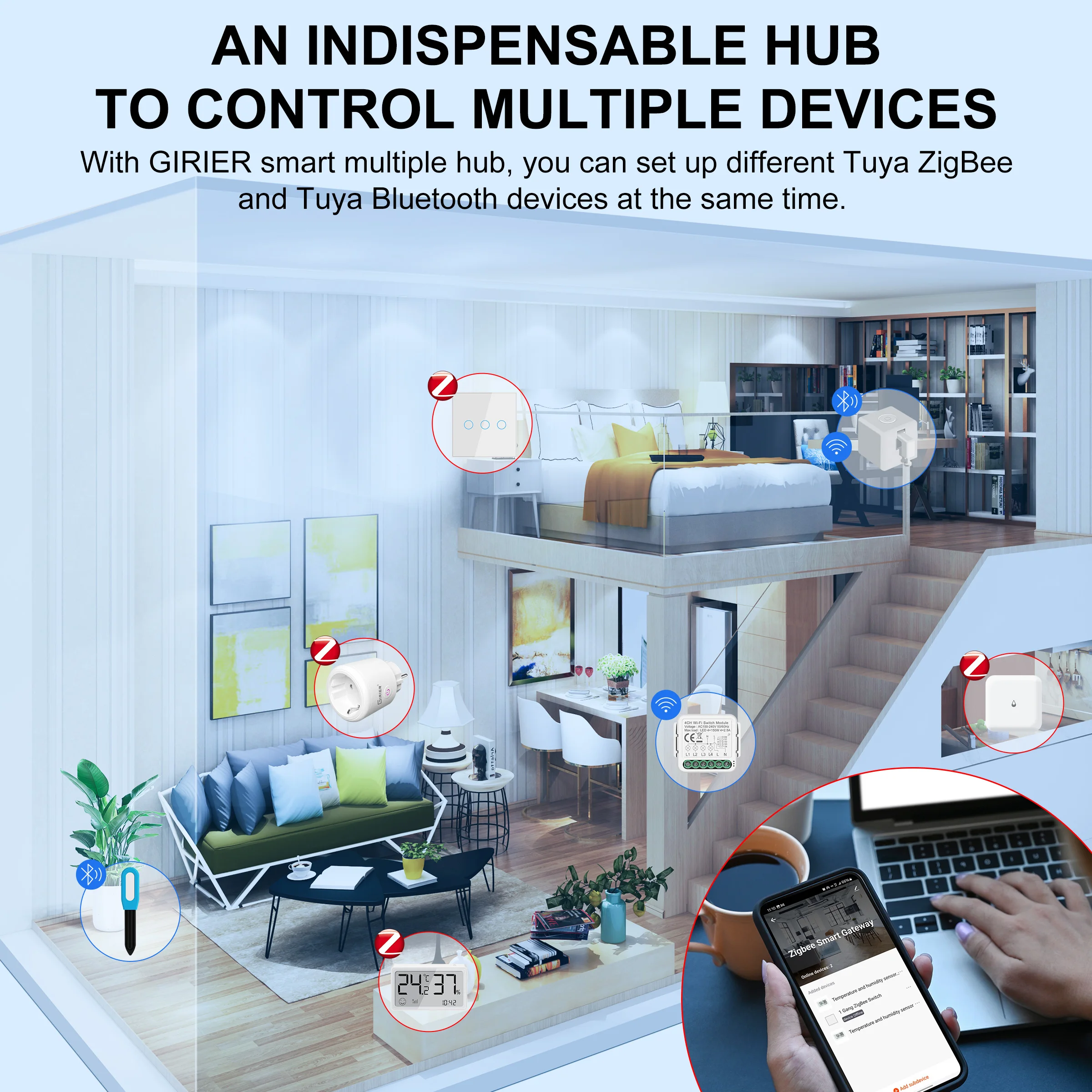 GIRIER Tuya ZigBee Gateway Hub Plug-in Type ZigBee/Bluetooth Multi-mode Gateway Bridge for Smart Home Automation Work with Alexa