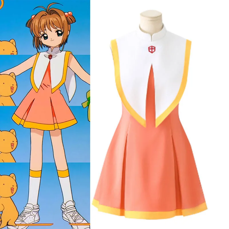 

Comic-con Kinomoto Sakura Cosplay Dress Cardcaptor Sakura Costumes Schoolgirl Cheerleading Uniform Skirts Women Size