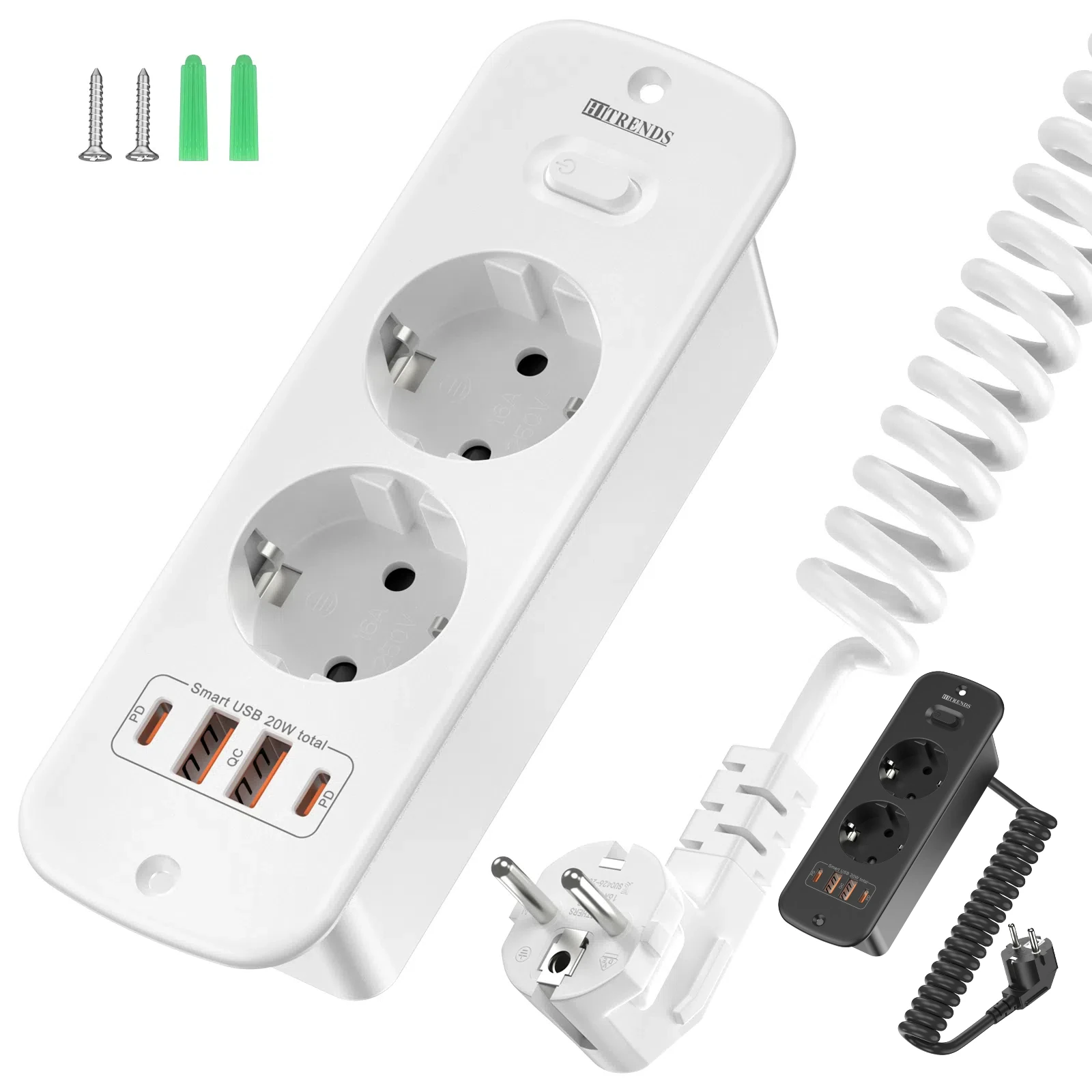 

Eu plug dual socket built-in power board with 2USB-A and 2USB-C PD20W smart fast charging port 2-meter spiral extension cable