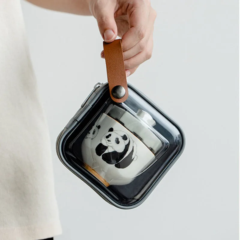 Panda Octagonal Glass Portable Travel Tea Set Outdoor Portable 1 Pot 4 Cups Ceramic Teaset With Outdoor Bag Anti-scalding Teapot