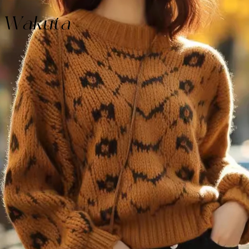 WAKUTA Elegant Round Neck Long Sleeve Caramel Color Thick Line Jumper Sweet Wind Loose Small Fragrant Style Sweater Sueter Mujer