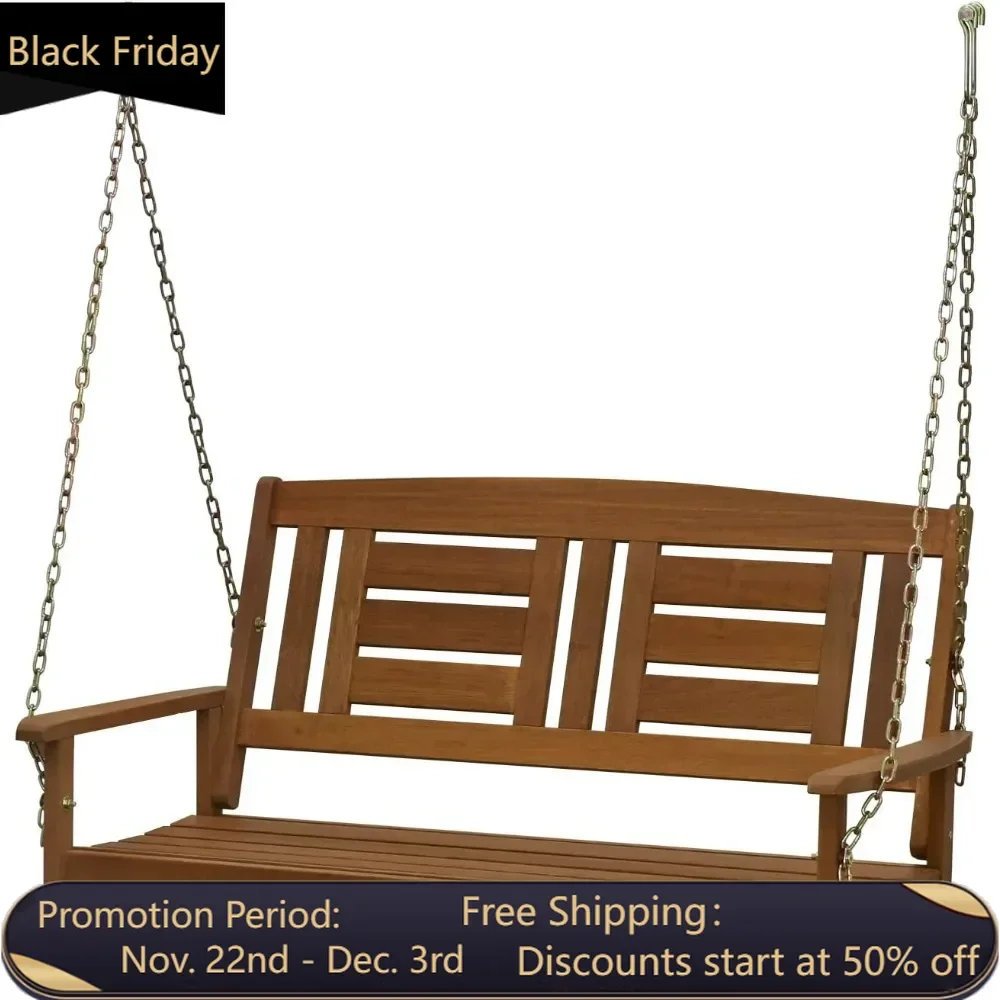 Hardwood terrace/garden/outdoor 4-foot porch swing, 2 seats with hanging chains, natural color