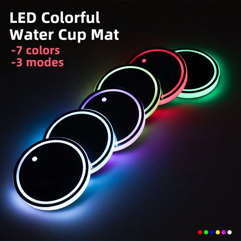 7 Color Car Changing LED Cup Holder Lights Rear Windshield Decorative Ambient Lighting & Glowing Colorful Coaster Pads