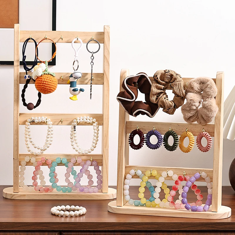 Vintage Wood Hair Scrunchies Display Stand Multi Tier Bracelet Bangle Holder, Wooden Hanging Rack for Hair Ties Keychain Beaded