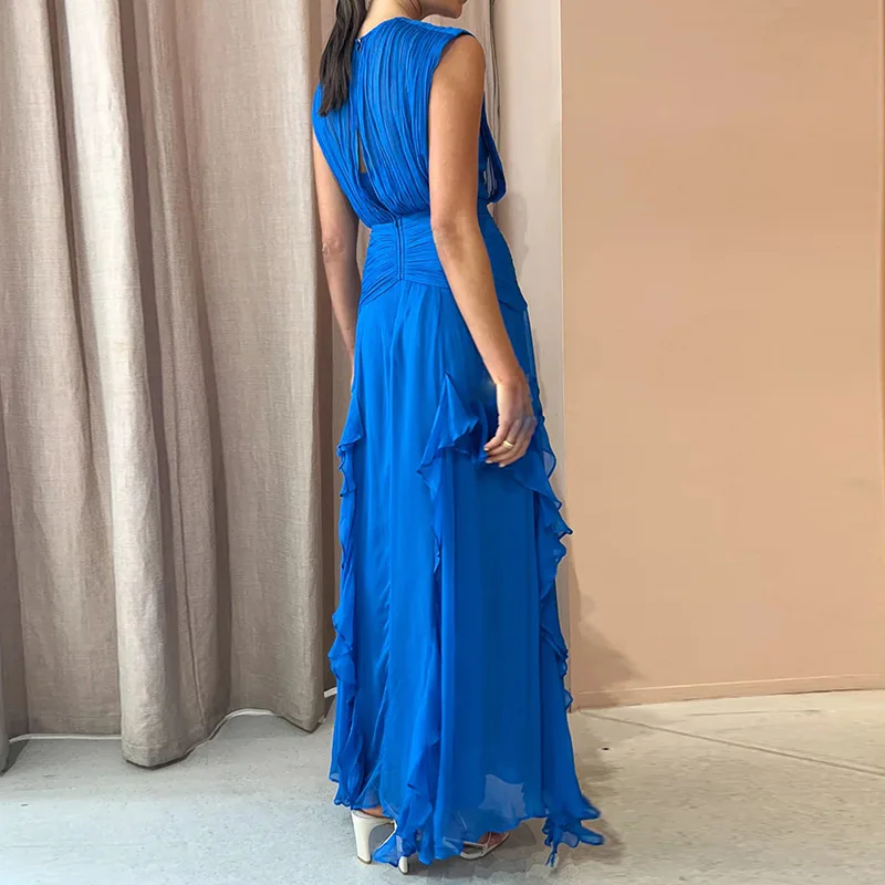 

Elegant Blue Chiffon Maxi Dress 2024 Designer Patchwork Pleats Ruffle Neck Sleeveless Wedding Guest Beach Dresses Summer